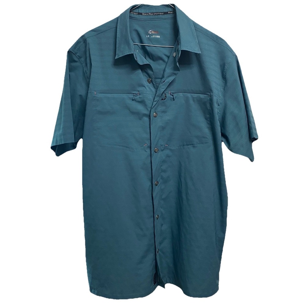 World Wide Sportsman Men Fishing Shirt Polyester Short Sleeve Blue lightweight L